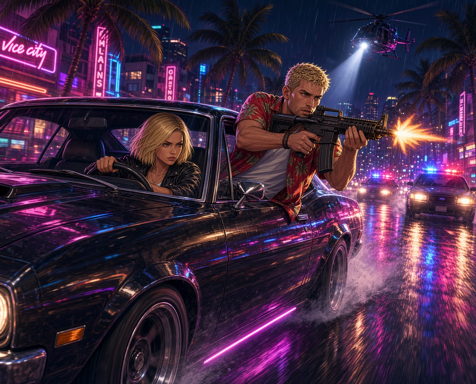 Neon rain chase through the city at night